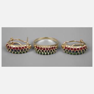 Schmuckset mit Rubinen, Saphiren und Smaragden