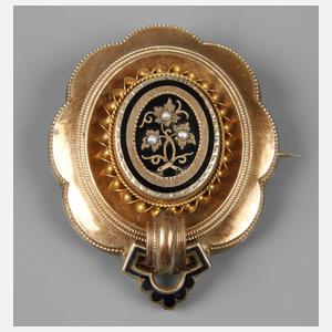 Schaumgoldbrosche mit Email und Saatperlen