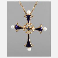 Kreuzanhänger, Emaille, Saphir, Perlen und Diamanten111