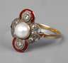Damenring mit Perle, Diamanten und Emaille