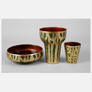 Drei emaillierte Messingschalen