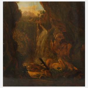 Tiroler Wildschütz am Wasserfall im Gebirge