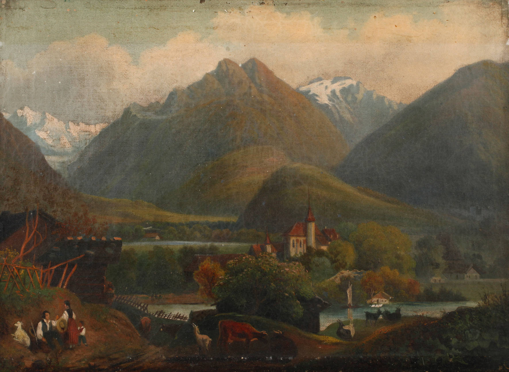 Rastende Bauernfamilie in Hochgebirgslandschaft