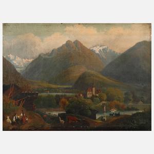 Rastende Bauernfamilie in Hochgebirgslandschaft