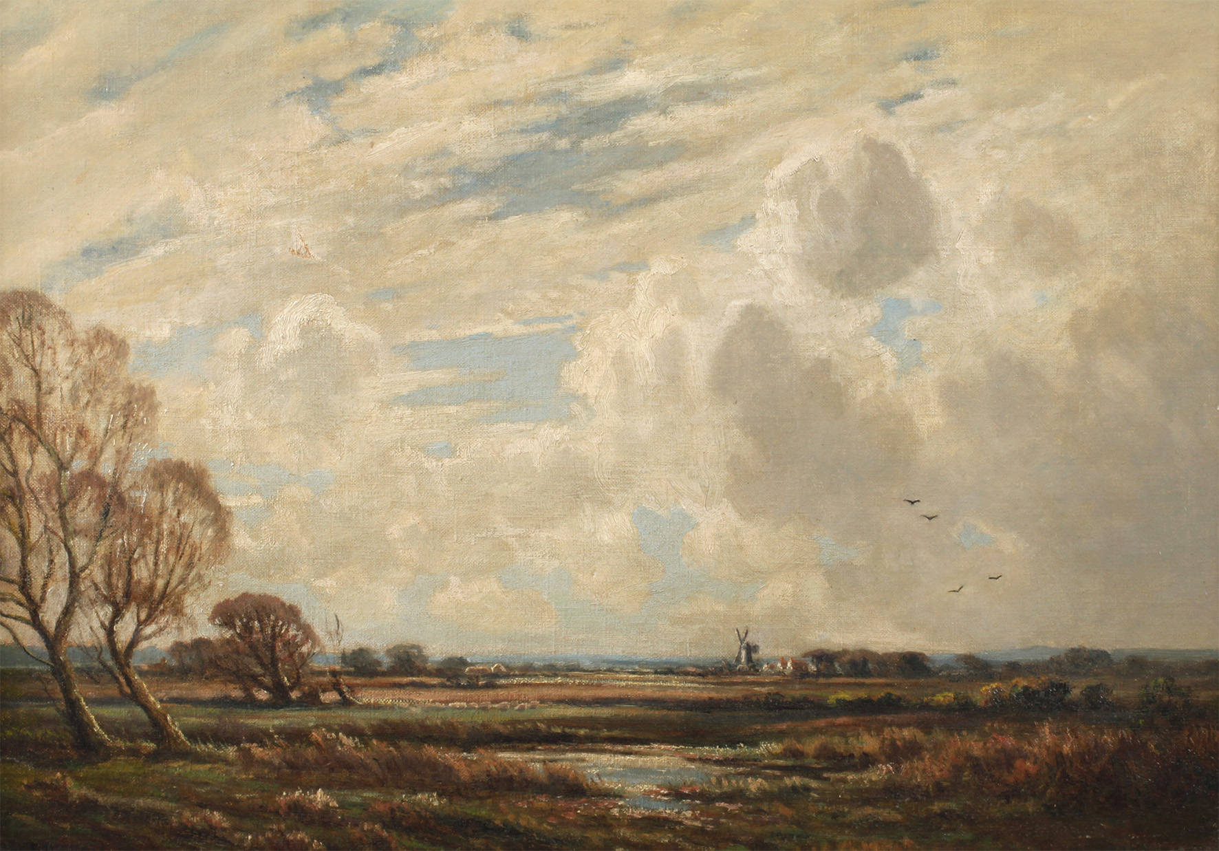 E. Harris, Weite Herbstlandschaft mit Windmühle