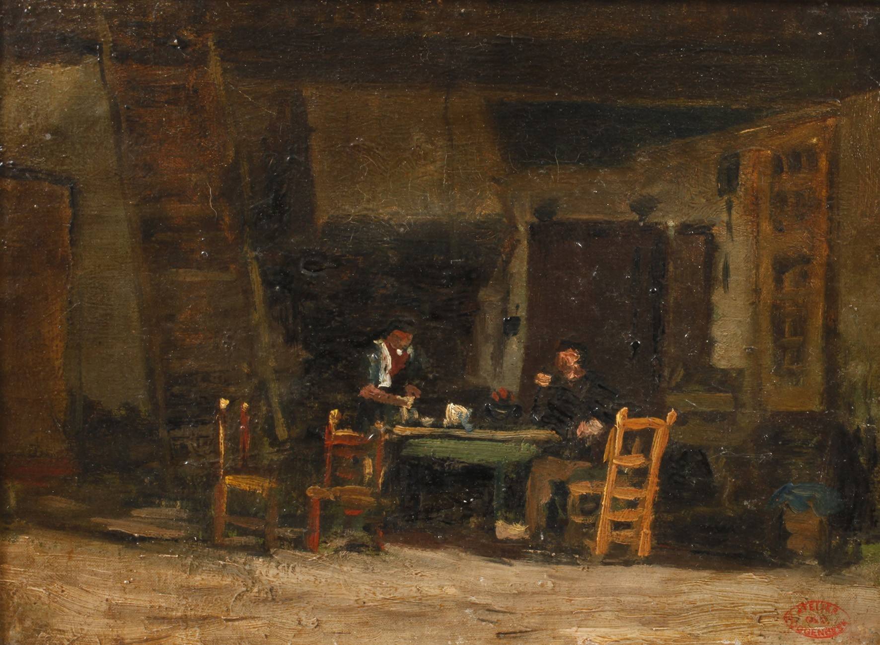 Geo Poggenbeek, attr., Dörfliche Stube mit Kamin