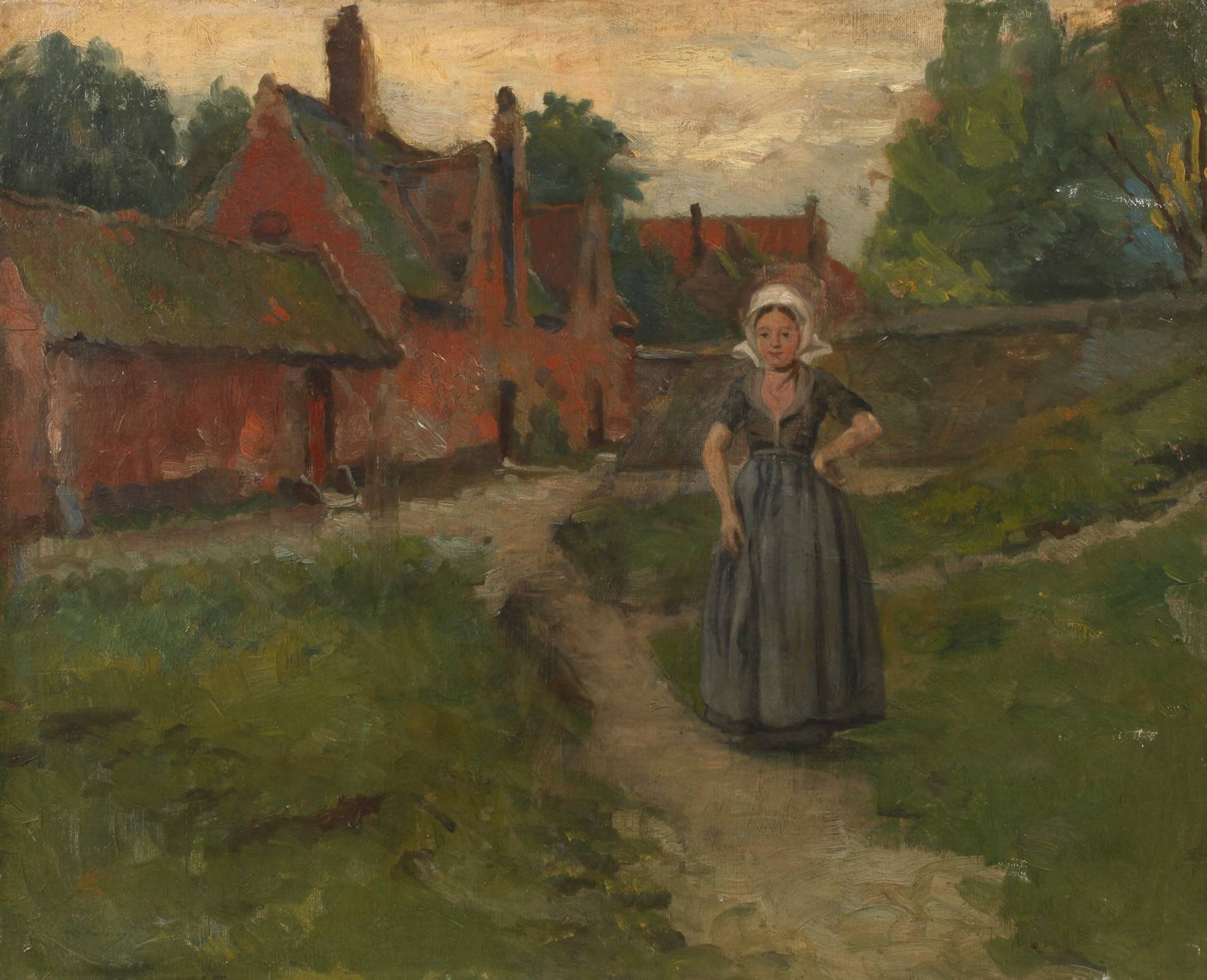 Bäuerin vor niederländischem Dorfidyll