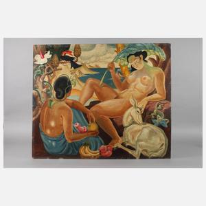 Zwei Mädchenakte mit Reh am Meer