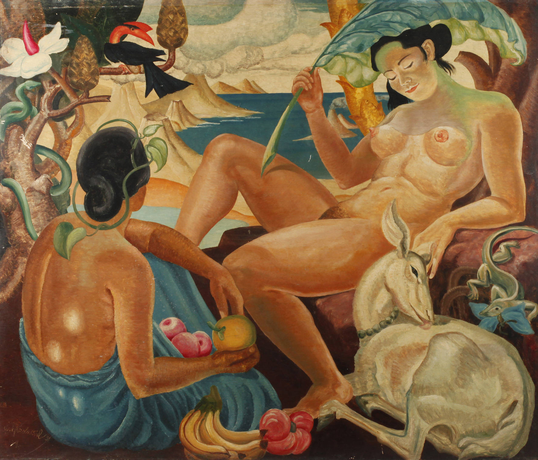 Zwei Mädchenakte mit Reh am Meer