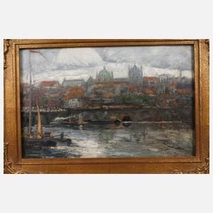 Stadt am Fluss mit Dampfschiff