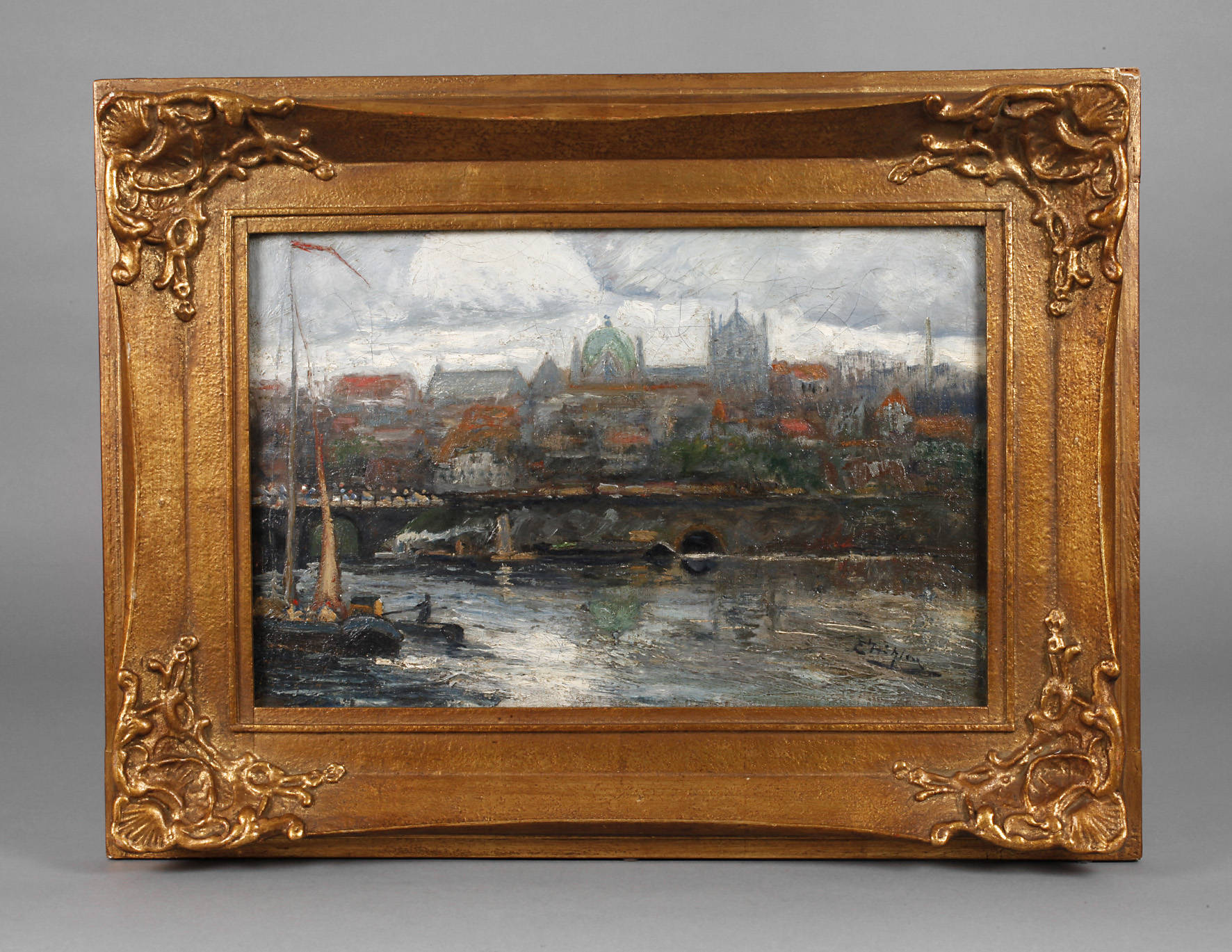 Stadt am Fluss mit Dampfschiff