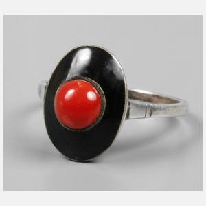 Damenring mit Emaille und Koralle