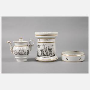 Teekanne mit Stövchen Schwarzlotmalerei