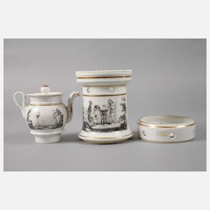 Teekanne mit Stövchen Schwarzlotmalerei