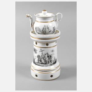 Teekanne mit Stövchen Schwarzlotmalerei