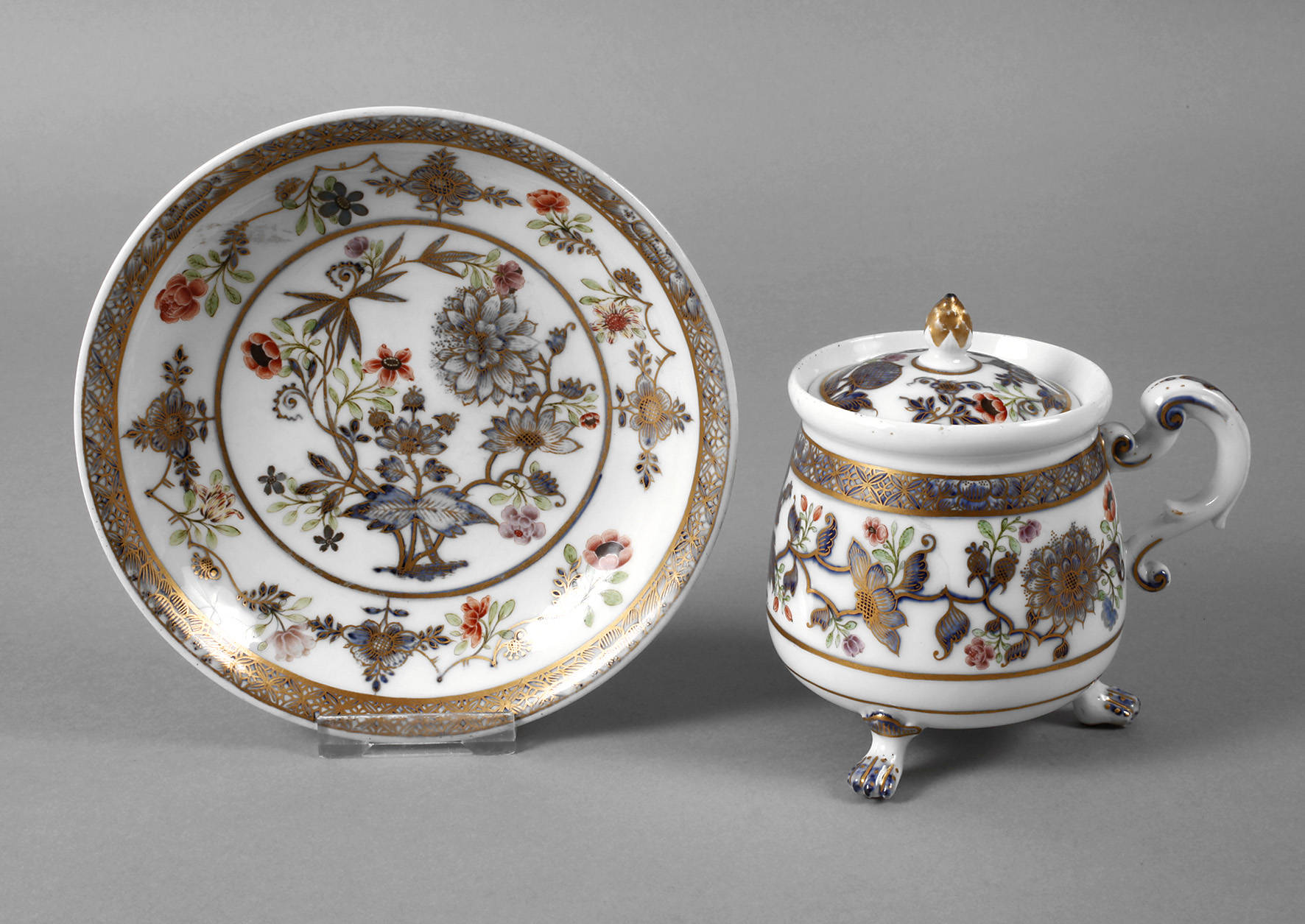 Meissen Cremetopf mit Unterschale Hausmalerei