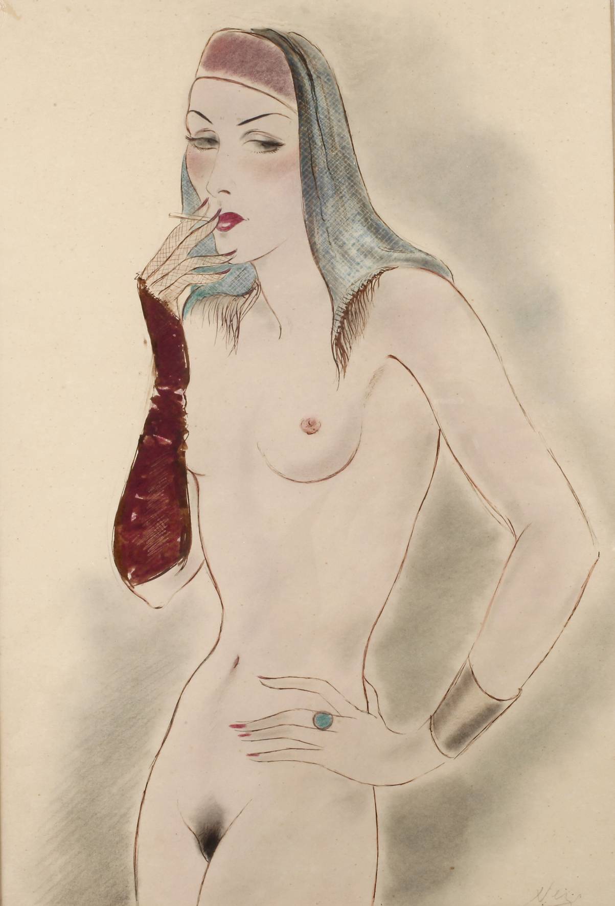 Nackte, rauchende Schönheit