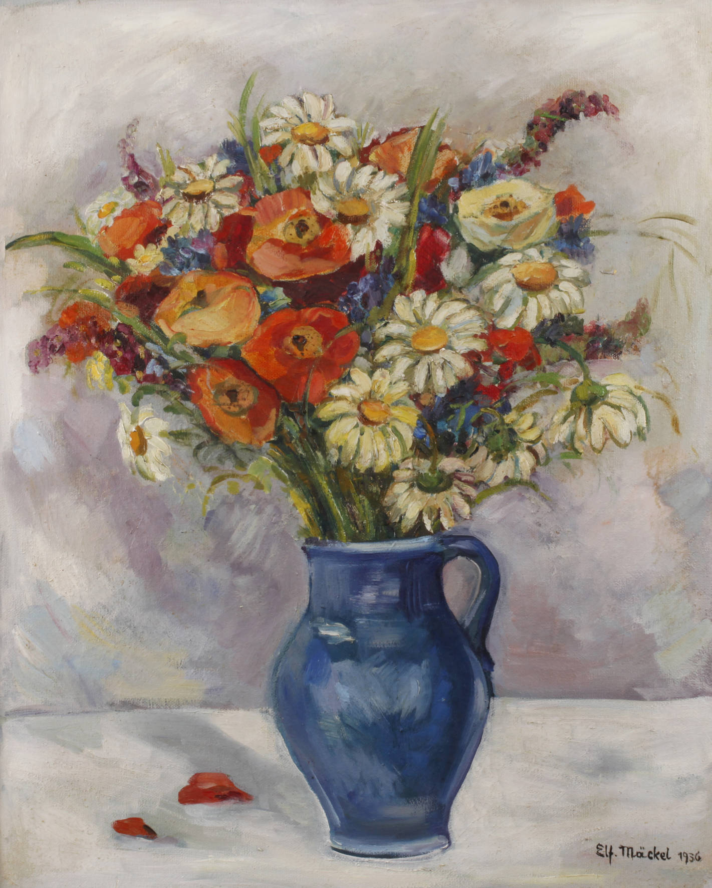 Elfriede Mäckel, Sommerblumen in blauer Vase