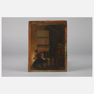 Frau beim Feuermachen am Ofen