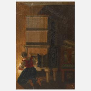 Frau beim Feuermachen am Ofen