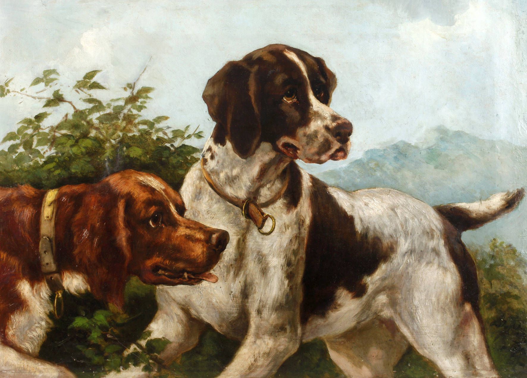 Hundepaar vor Landschaft