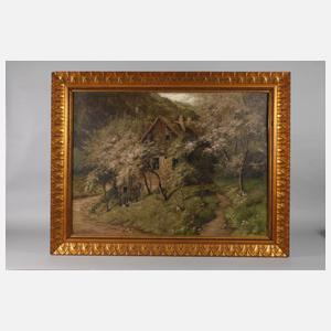 O. Anger, Bauernhaus hinter blühenden Bäumen