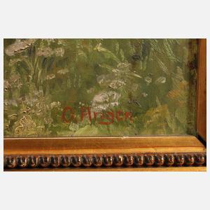 O. Anger, Bauernhaus hinter blühenden Bäumen