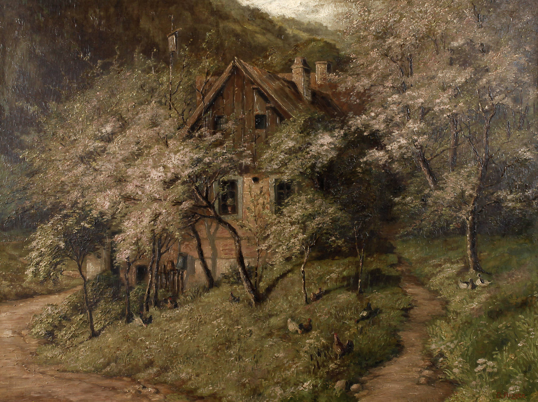 O. Anger, Bauernhaus hinter blühenden Bäumen