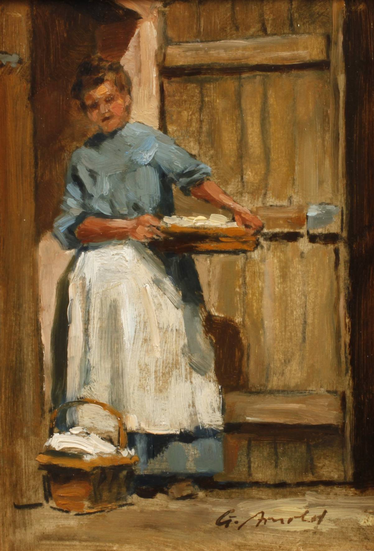 G. Arnold, Bäuerin in hellblauem Kleid