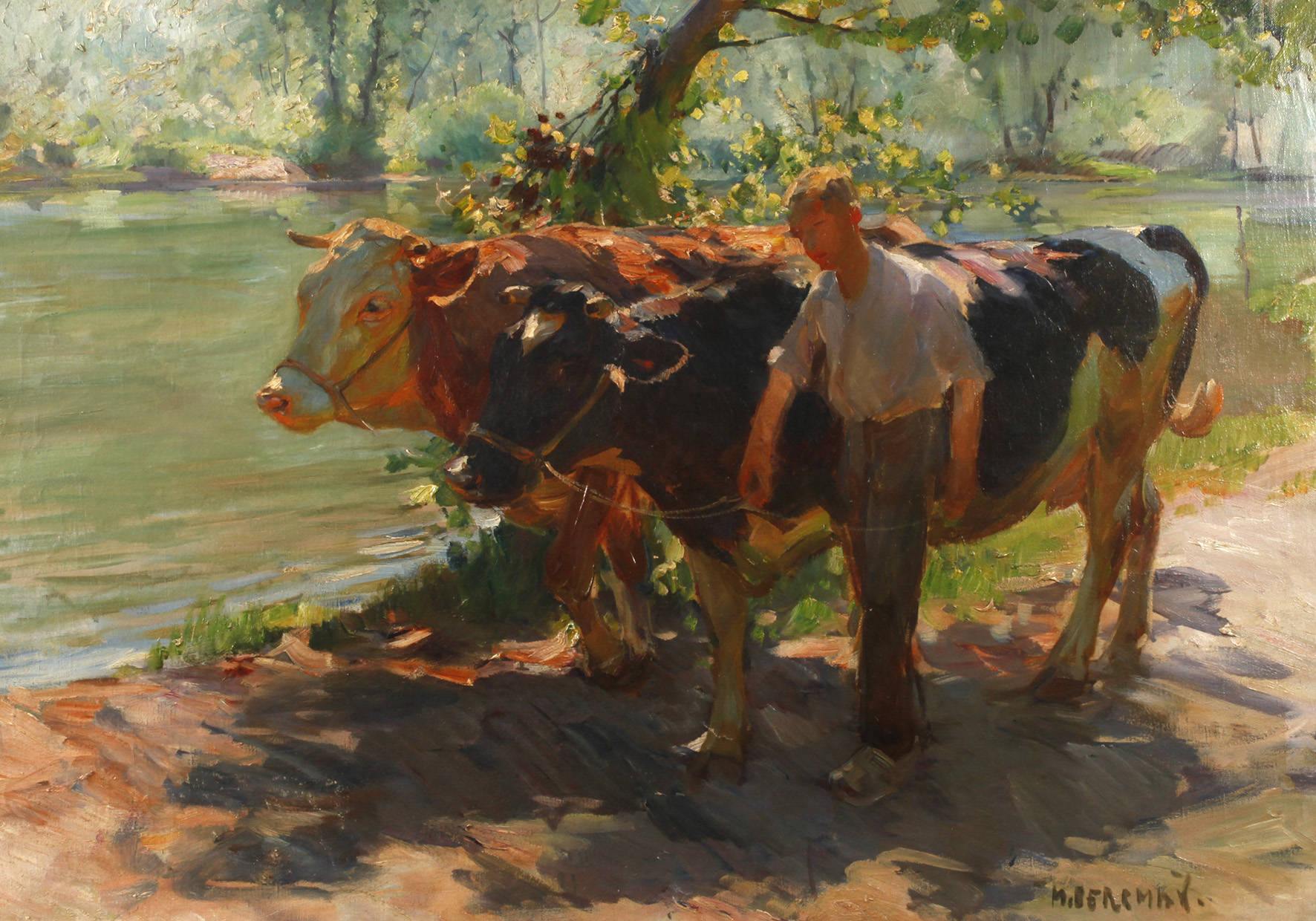 Max Bergman, Bauernjunge mit Kühen am Fluss
