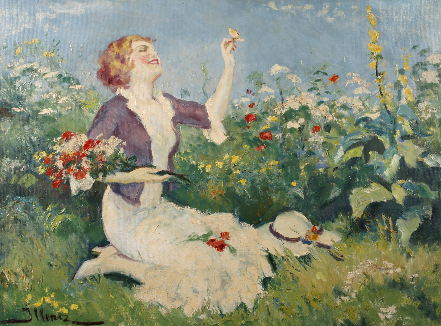 Leopold Illencz, Blumen pflückende junge Frau