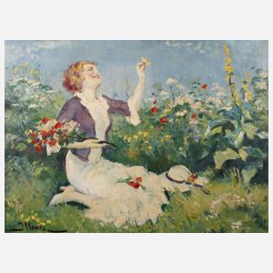 Leopold Illencz, Blumen pflückende junge Frau