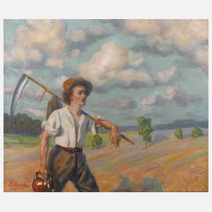 Bruno Jacobs, Erntelandschaft mit Bauern