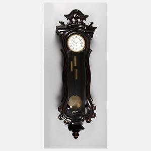 Wiener Gewichtsregulator, auf Ziffernblatt gemarkt Johann Imhoff Corneuburg, um 1860, großes, schwarz lackiertes Uhrengehäuse mit original Aufsatz, Ziffernblatt mit römischen Zahlen, eingefasst von floralem Ring aus vergoldeter Bronze, drei Gewichte,