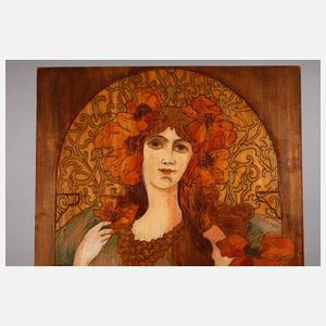 Paar Brandmalereien in der Art von Alfons Mucha