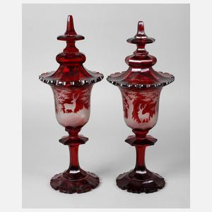 Paar große jagdliche Deckelpokale