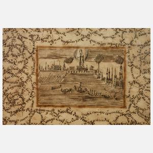 Schreibmeisterarbeit mit Stadtansicht