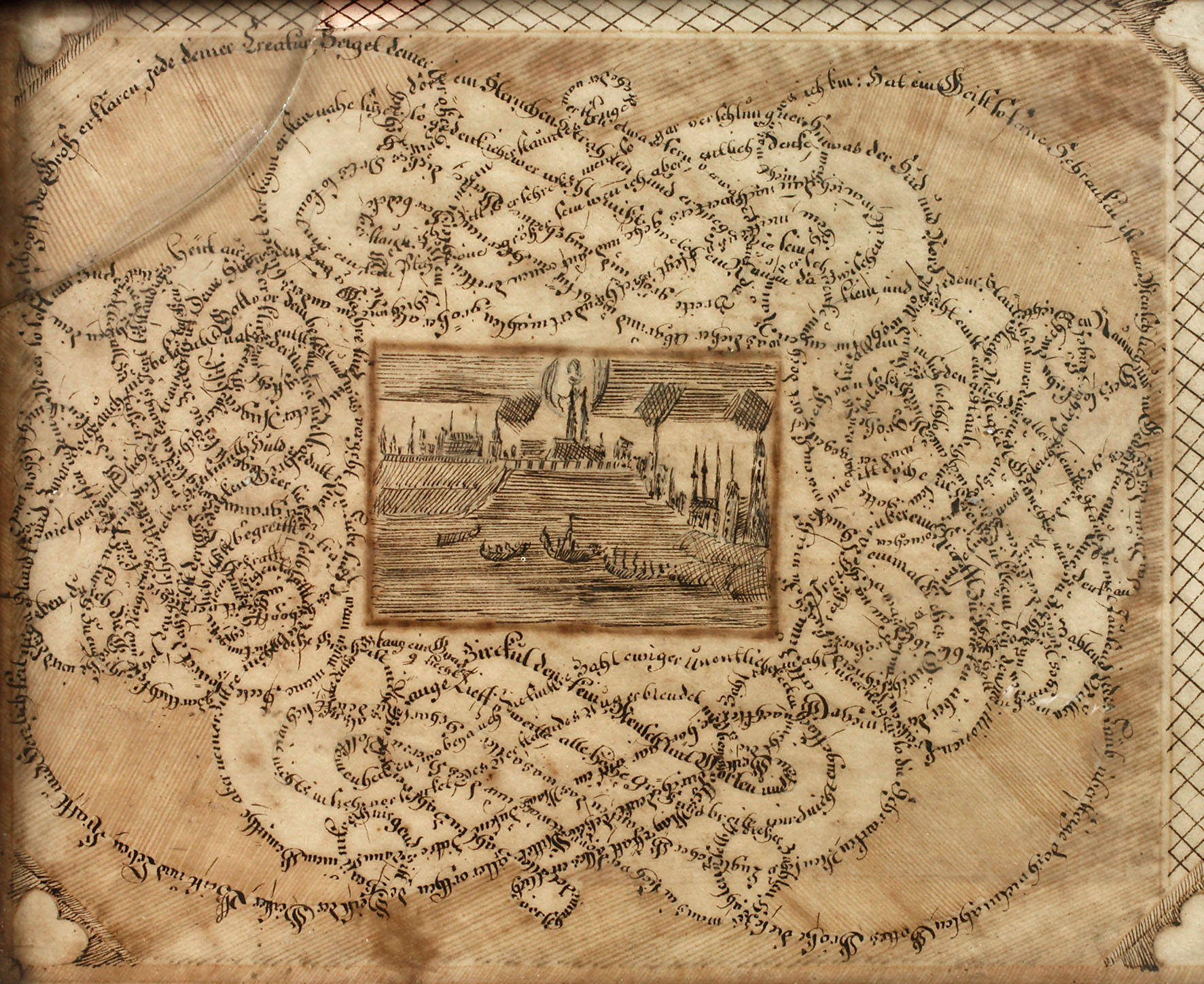 Schreibmeisterarbeit mit Stadtansicht