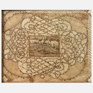 Schreibmeisterarbeit mit Stadtansicht