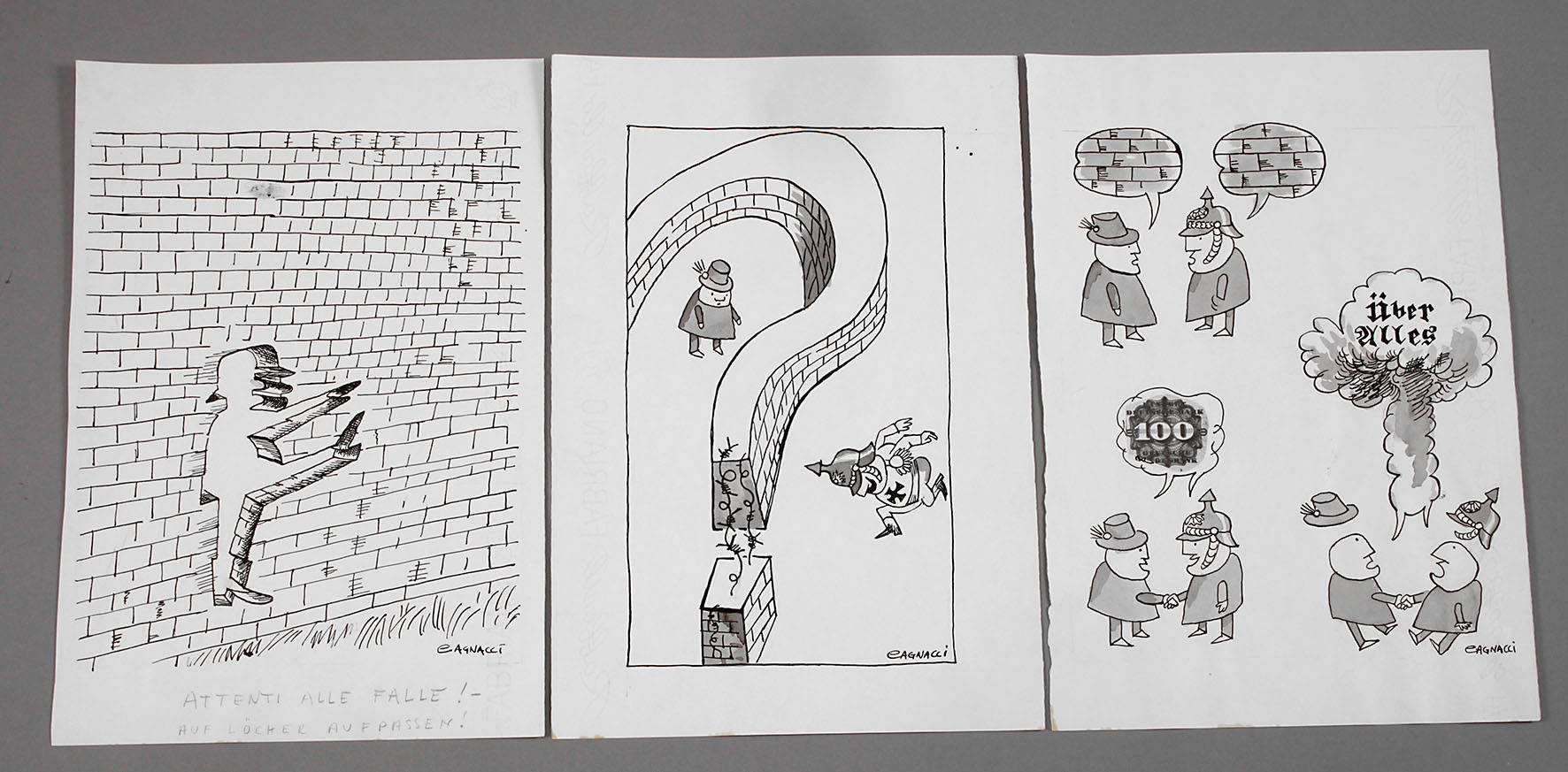 E. Agnacci, Drei Karikaturen