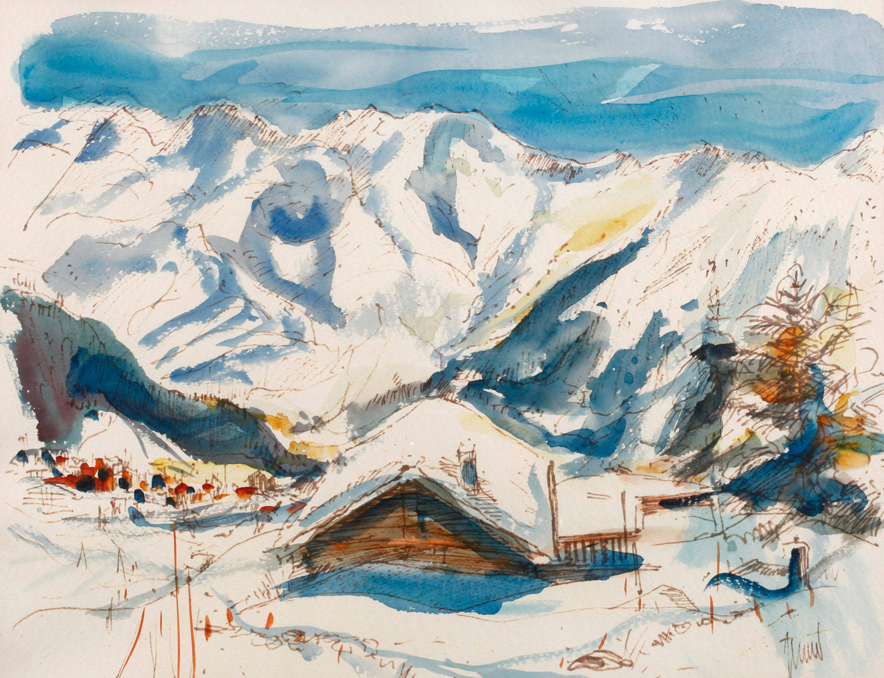 Verschneite Alm im Hochgebirge