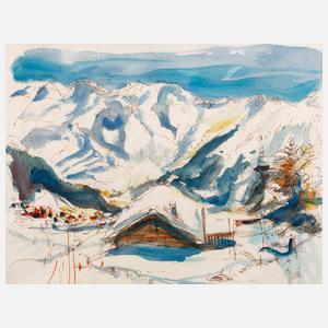 Verschneite Alm im Hochgebirge