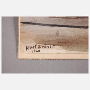 Karl Kröhner, Stadtansicht mit Gewitterwolken, Aquarell, links unten signiert und datiert ”Karl Kröner 1941”, auf Karton aufgezogen, im Passepartout, ungerahmt, Passepartoutausschnitt ca. 23 x 30 cm. Künstlerinfo: dt. Maler und Schriftsteller (1878 Z