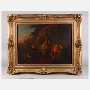 Krämer mit Bauchladen vorm Wirtshaus