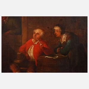 Krämer mit Bauchladen vorm Wirtshaus