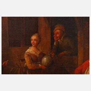 Krämer mit Bauchladen vorm Wirtshaus