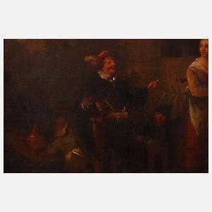 Krämer mit Bauchladen vorm Wirtshaus