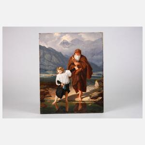 Mönch mit Knabe am Fluss