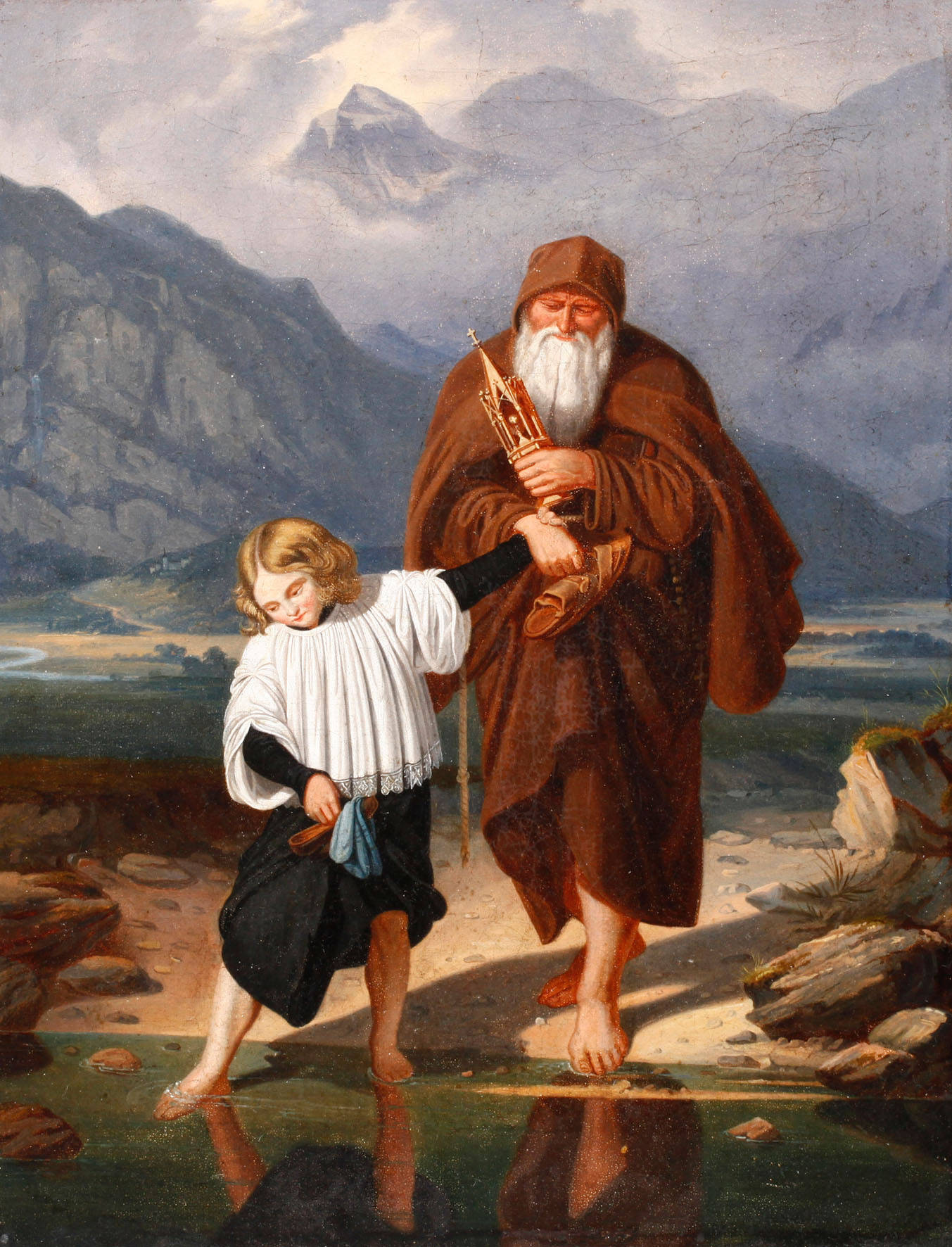 Mönch mit Knabe am Fluss