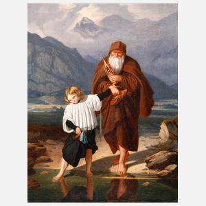 Mönch mit Knabe am Fluss